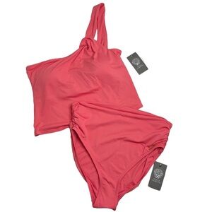 Vince Camuto One Shoulder Tankini Top & High Waist Bikini Bottoms Pop Coral L